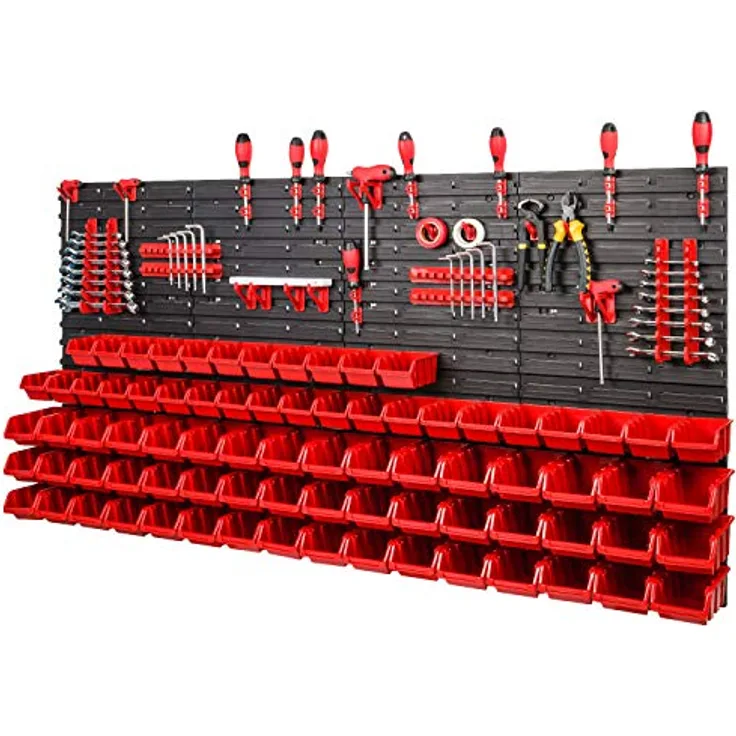 Lagersystem Wandregal 1544 x 780 mm | 79 Stück Rot Stapelboxen + 36 Rot Werkzeughalter | Stapelboxen Wandplatten