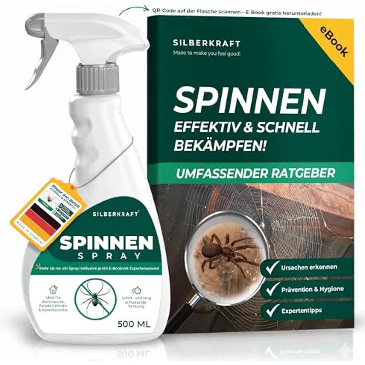 Silberkraft Spinnenspray 500ml, Anti Spinnen Spray mit Langzeitwirkung für Innen & Außen, inkl. gratis E-Book per QR-Code, Biozidprodukt gegen Spinnen im Haus, Keller & an der Fassade – Bild 1