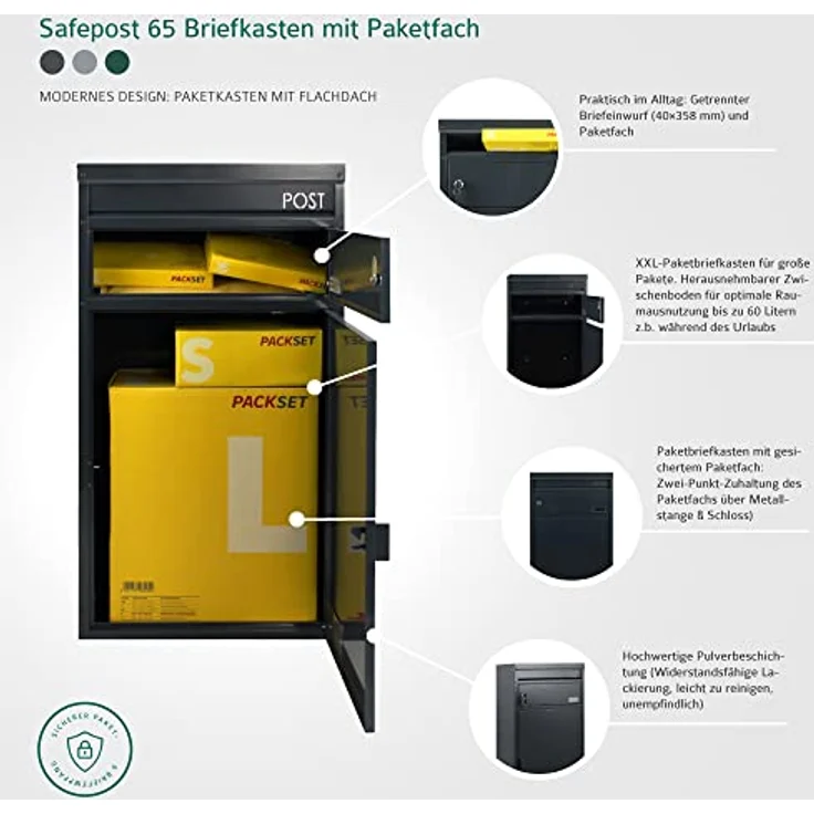 Paketbriefkasten Safepost 65 Paketbox silber-grau (RAL 9006) großer Briefkasten mit gesichertem Paketfach – Bild 4
