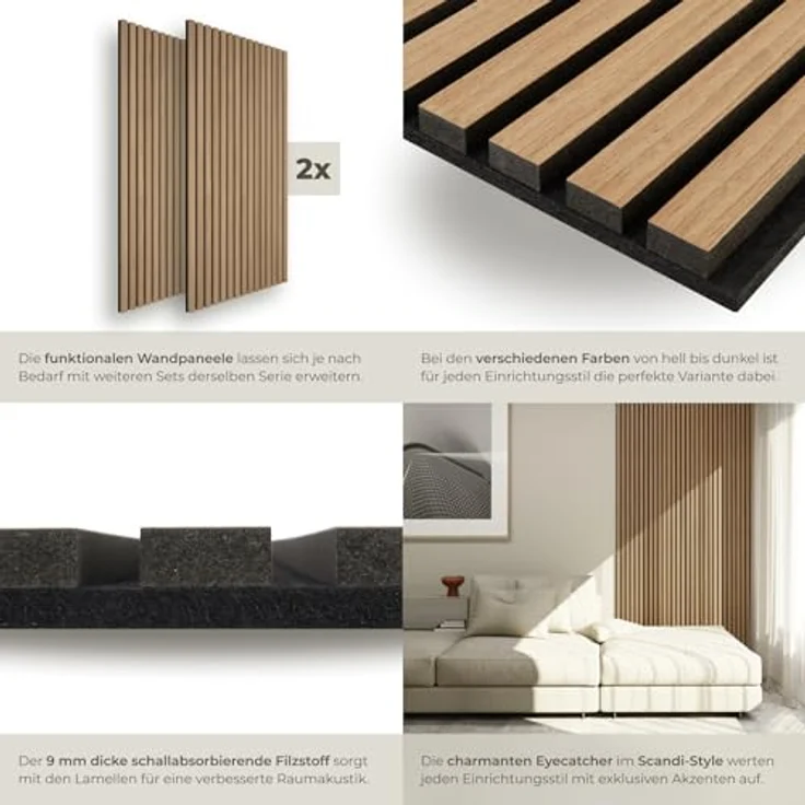 tectake 3D Akustikpaneele, 120 x 60 x 2,1 cm, Holzoptik, Schallabsorber für Wohnzimmer und Küche, Eiche, 2er Set – Bild 4