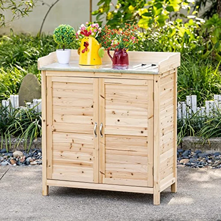 Outsunny Gartenschrank Pflanztisch mit Unterschrank Holz Geräteschrank Schrank mit 2 Einlegeböden Geräteschuppen Garten Schuppen Outdoor Natur 83 x 40 x 92 cm – Bild 2
