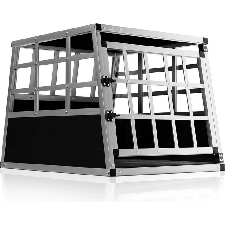 Cadoca Tiertransportbox, Aluminium Kofferraum verschließbar trapezförmig M 70x54x51cm, stabil, gut belüftet, wasser- und witterungsbeständig, schwarz-silber – Bild 1