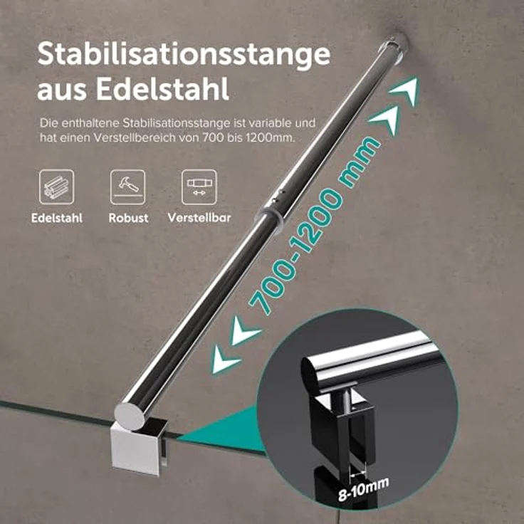 doporro Walk-in-Dusche Duschwand für Dusche Duschkabine Duschabtrennung 10mm ESG NANO, Einscheibensicherheitsglas, Klarglas, rechteckiger Stabilisator aus Edelstahl, variabler Wandabstand 70−120 cm – Bild 4