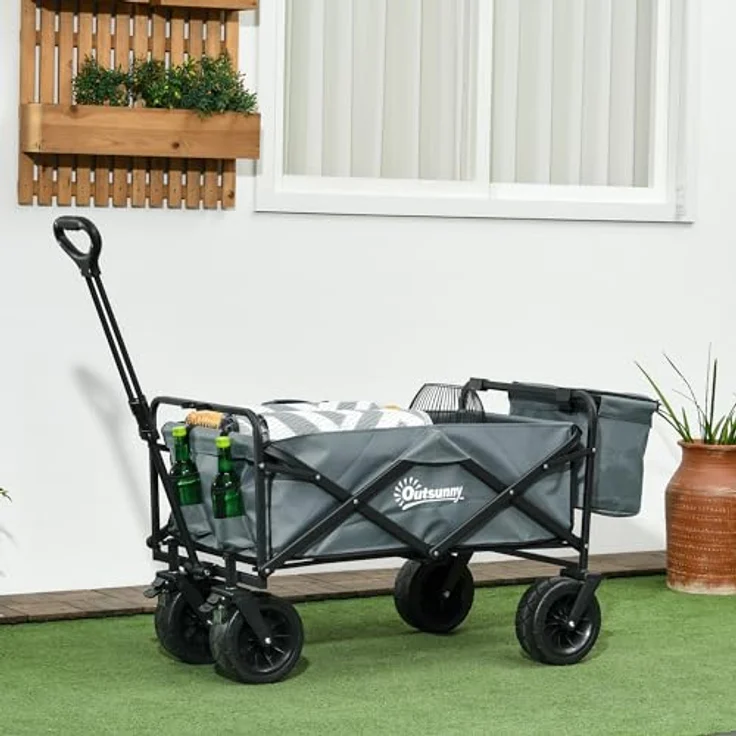Outsunny Faltbarer Bollerwagen mit Kühltasche, Transportwagen bis 100 kg belastbar, Dunkelgrau, mit teleskopierbarem Griff und klappbarem Stahlrahmen – Bild 2