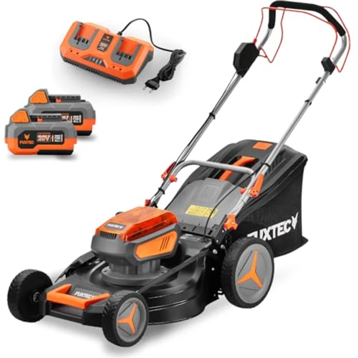 Fuxtec 4in1 Akku Rasenmäher 40V (2x20V) FX-E2RM46 mit 2x20V Li-Ion Batterie 4Ah & Doppelladegerät - Schnittbreite 46cm, Schnitthöhe 25-75mm, 50L Grasfangkorb, Mulch-Funktion, Seitenauswurf – Bild 1