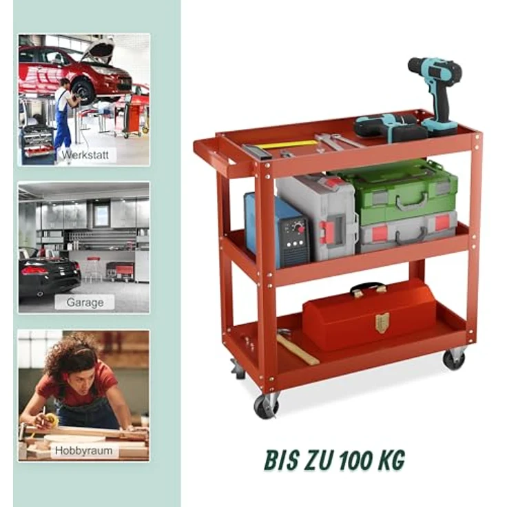 relaxdays Werkstattwagen mit 3 Ebene, max. Traglast 100 kg, Stahlkonstruktion, Rot – Bild 3