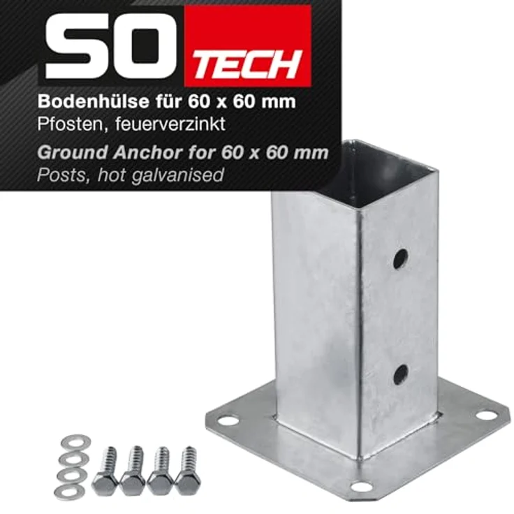 SO-TECH® Pfostenträger für Vierkantholz, feuerverzinkt, Höhe 152 mm, für Gartenpfosten 60 x 60 mm, inkl. Schrauben – Bild 2