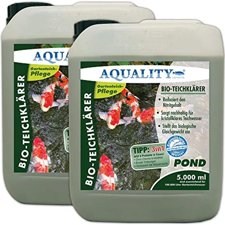 AQUALITY Gartenteich Bio-TeichKlärer 3in1 (Teichklar - Nachhaltig kristallklares Wasser, entfernt deutlich Trübungen im Teich + GRATIS Klarwasser Filtervlies), Inhalt:10 Liter