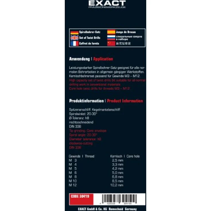 Exact 30417 Kernlochbohrersatz 7-teilig M3-M12 HSS – Bild 4