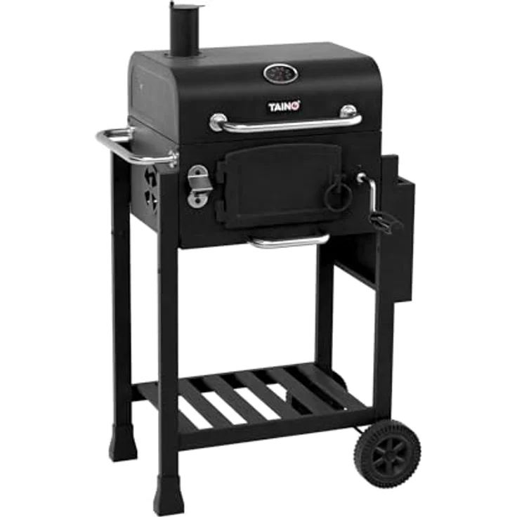 TAINO Holzkohlegrill HERO, Kohlerost höhenverstellbar, kleiner Smoker, Seitentisch klappbar, Schwarz – Bild 3