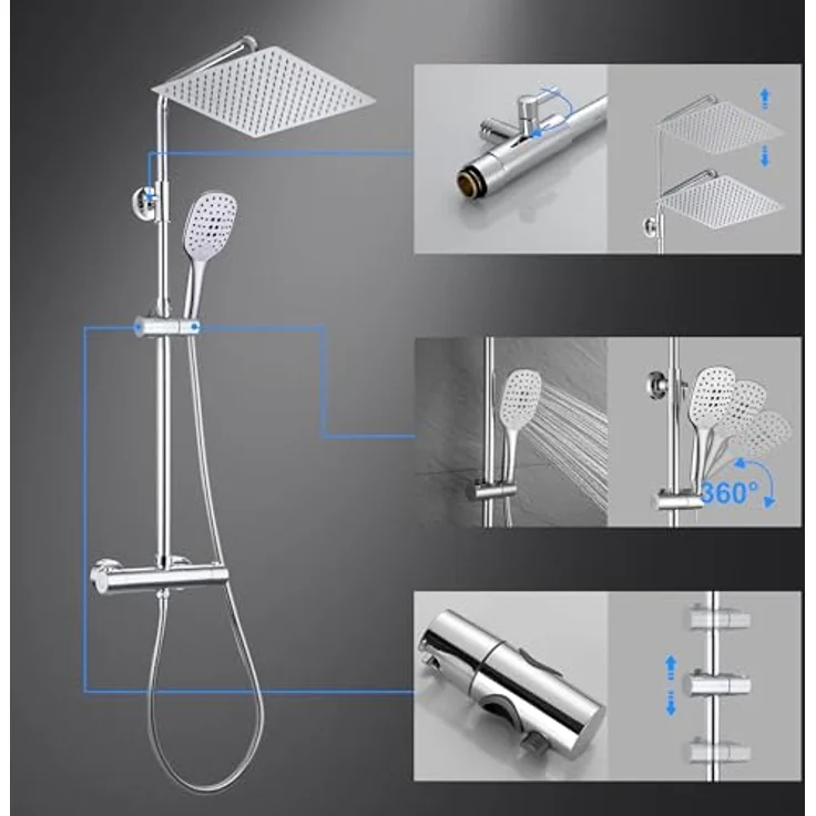 Görbach Regendusche Duschsystem mit Thermostat, Kopfbrause 25x25 cm, Edelstahl, 3 Strahlarten, Chrom – Bild 5