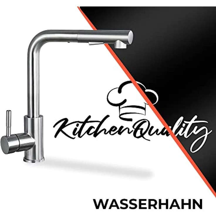 KitchenQuality Küchenarmatur 31 cm, Edelstahl gebürstet, ausziehbar & 360° schwenkbar, Brause mit Umschalter, einfache Montage – Bild 2