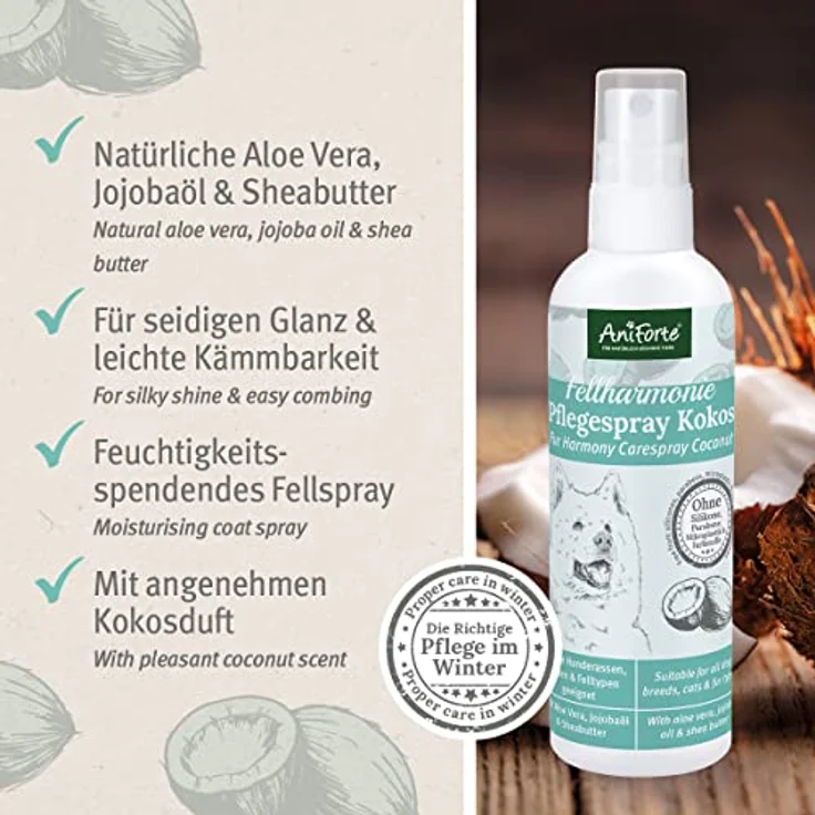 AniForte Fellharmonie Pflegespray Kokos 200 ml – Sanfte Fellpflege für Hunde & Katzen, Entfilzungsspray & Kämmhilfe, für glänzendes Fell mit Kokosduft – Bild 2