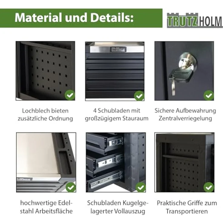 TRUTZHOLM Werkstattwagen Werkzeugkiste 4 Schubladen ca. 68 x 46 cm leer schwarz Aufsatz Werkzeug, Vollauszug – Bild 4