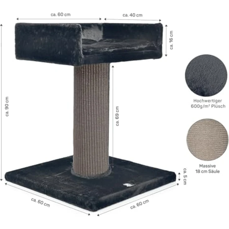 CanadianCat Company | Kratzbaum Residenz XXL Katzenbaum große Katzen, sehr stabil, ⌀ 18 cm Kratzsäule, Kratzsäule mit Sisal, 60 x 60 x 90 cm, anthrazit – Bild 2