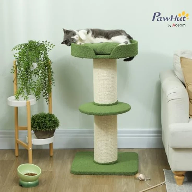 PawHut Kratzbaum 91 cm, mehrstöckiger Katzenkratzbaum mit Sisalstämme, weichem Kissen und stabiler Plattform, für mittelgroße Katzen, Grün – Bild 2