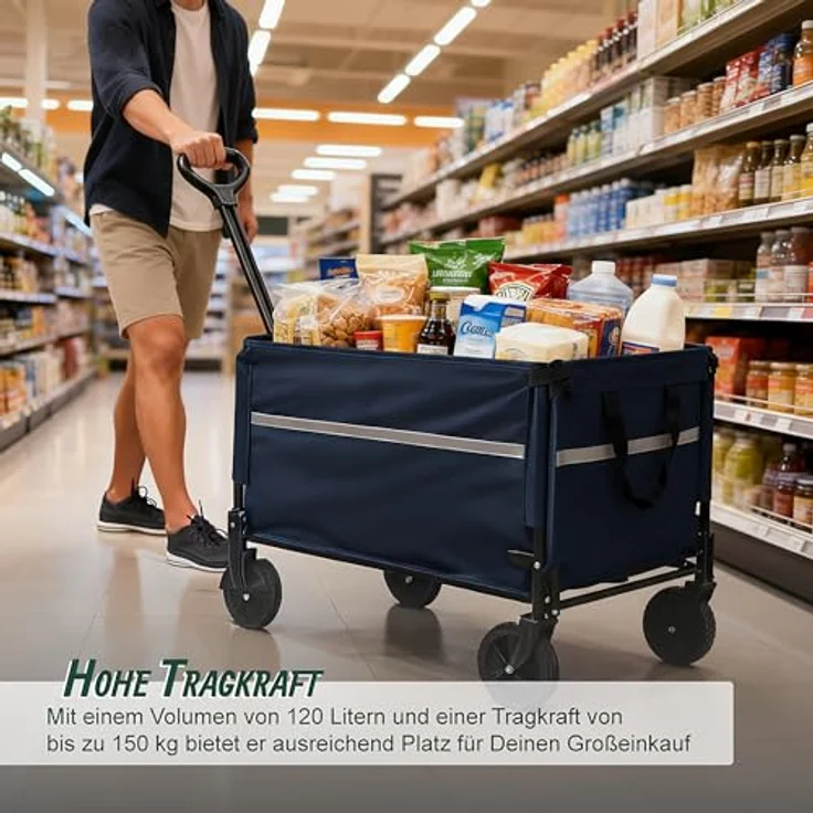 Relaxdays Bollerwagen, faltbar, 150 kg Traglast, Teleskopgriff, Regenplane, 120 l Volumen, blau – Bild 2