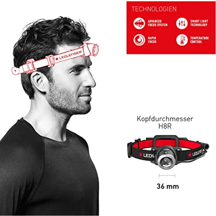 Ledlenser Stirnlampe H8R Akku, 600 Lumen, Rücklicht, spritzwassergeschützt – Bild 3
