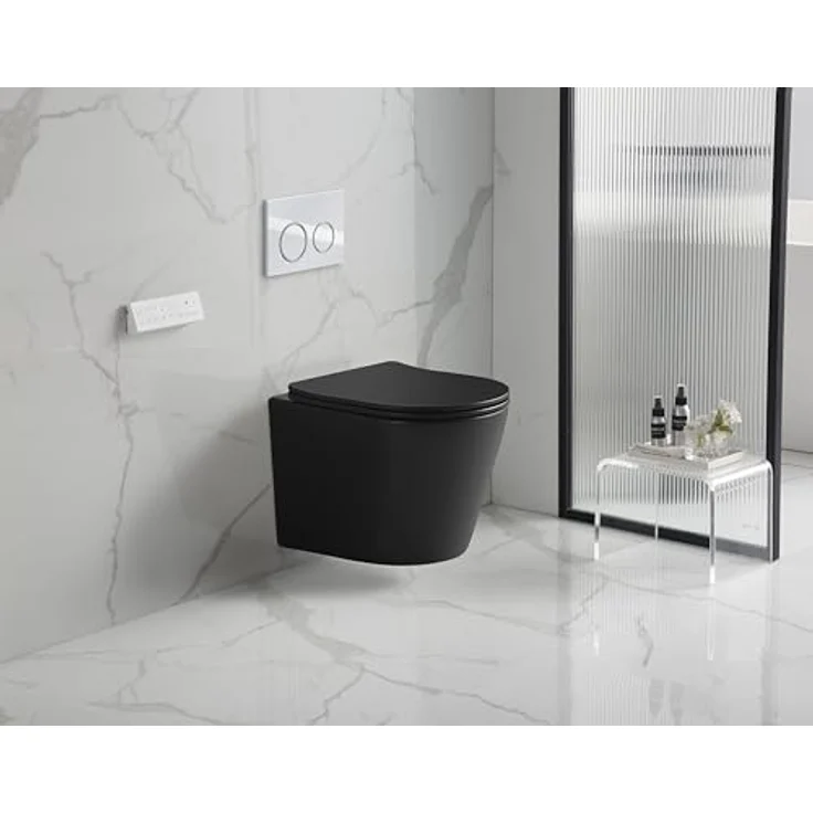 sanicomfort Hänge WC Set Nakia – Spülrandloses Tiefspüler-Wand-WC in Matt Schwarz, Hygienisch, Kompakt mit Soft-Close WC-Sitz – Bild 3