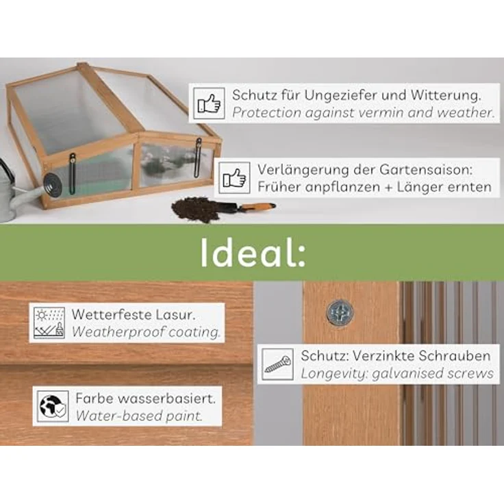 needs&wants® Frühbeet Aufsatz klein aus Holz Bausatz, Frühbeetkasten mit Abdeckung Gewächshaus mit Deckel wetterfest für Garten Balkon Outdoor, Polycarbonat, dunkel-braun – Bild 3