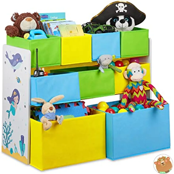 Relaxdays Kinderregal mit 9 Stoffboxen, Meerjungfrau Kindermotiv, Spielzeugregal Organizer HBT 66 x 82,5 x 29,5 cm, bunt, 1 Stück