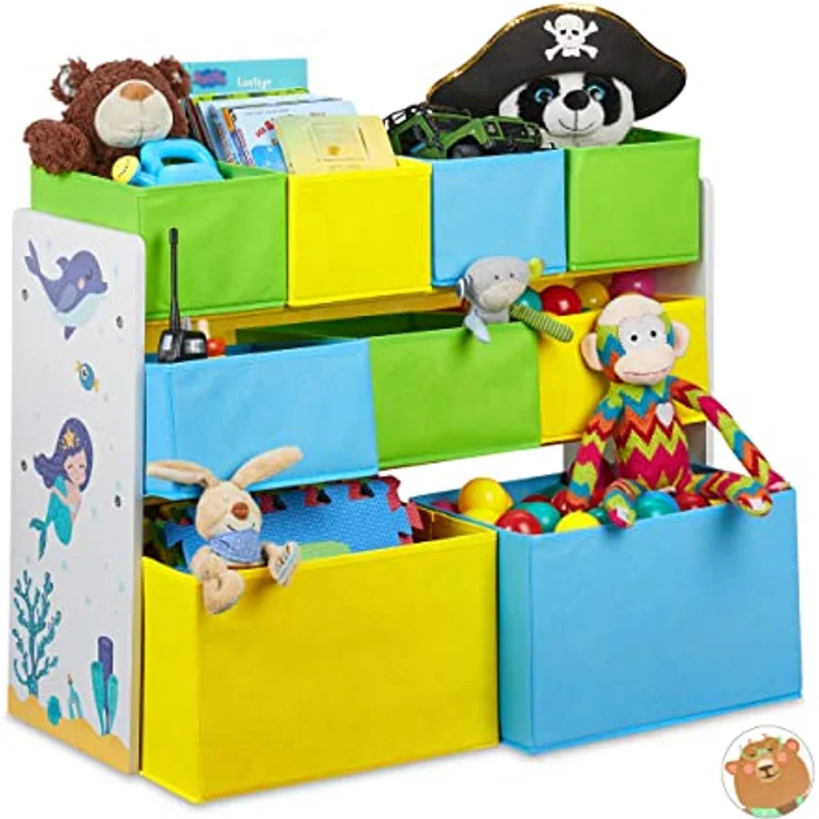 Relaxdays Kinderregal mit 9 Stoffboxen, Meerjungfrau Kindermotiv, Spielzeugregal Organizer HBT 66 x 82,5 x 29,5 cm, bunt, 1 Stück – Bild 1