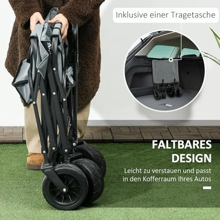 Outsunny Faltbarer Bollerwagen mit Kühltasche, Transportwagen bis 100 kg belastbar, Dunkelgrau, mit teleskopierbarem Griff und klappbarem Stahlrahmen – Bild 3