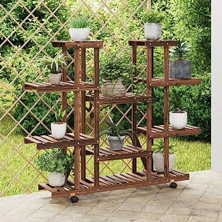 vidaXL Blumenständer, Pflanzständer mit Rollen 110x25x115 cm Massivholz Tanne, karbonisiertes Braun – Bild 2