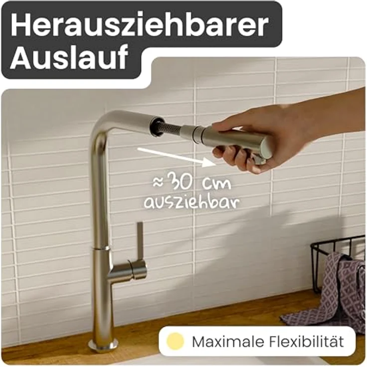 instmaier Cassia Spültischarmatur, Auslauf ausziehbar, 360° schwenkbar, Edelstahl – Bild 3
