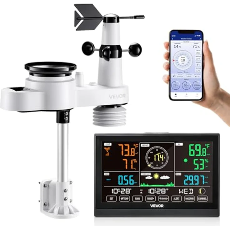 VEVOR 5-in-1-WLAN-Wetterstation, 7,5-Zoll-VA-Display, solarbetriebener Außensensor für Wettervorhersage, Windgeschwindigkeit, Temperatur und Luftfeuchtigkeit – Bild 1