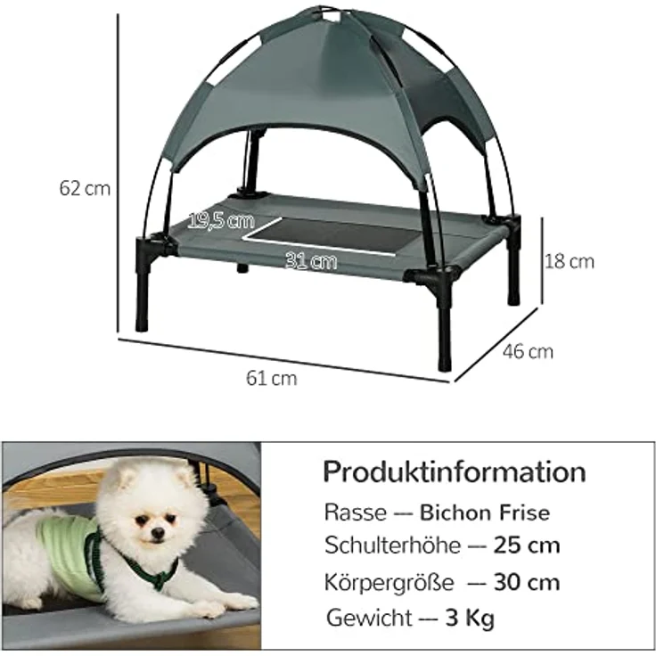 PawHut Haustierbett mit Baldachin, Erhöhtes Hundebett, Hundeliege Outdoor mit Dach, Atmungsaktiv, Taftstoff Grau 61 x 46 x 62 cm – Bild 3