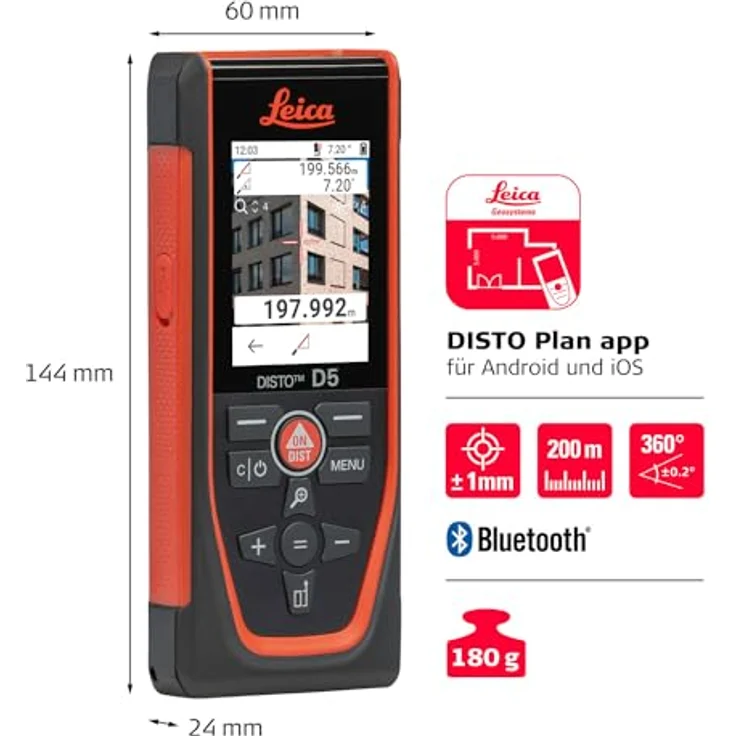 LEICA DISTO D5 Laserentfernungsmesser, IP54, Reichweite 200 m, Genauigkeit ± 1 mm, Neigungssensor 360° – Bild 4