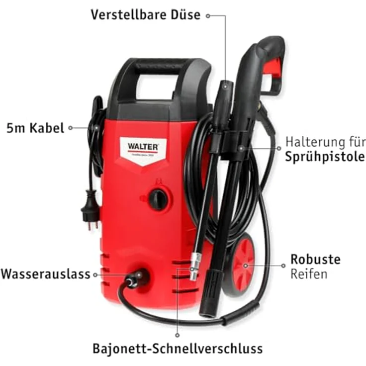 WALTER Hochdruckreiniger 230V 1400W, max 105bar, 6,5l-min, umfangreiches Zubehör, Einstellen der Strahlform – Bild 3