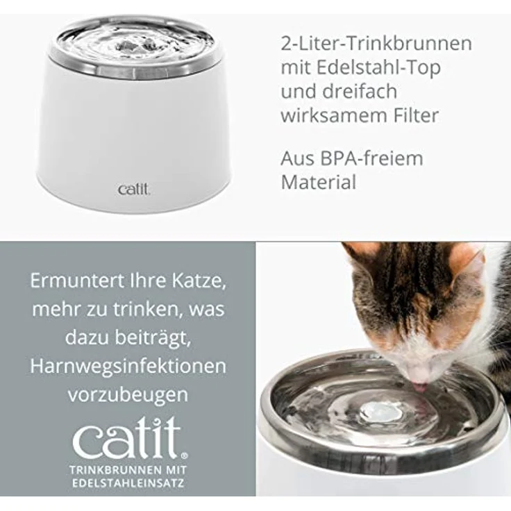 Catit Trinkbrunnen, für Katzen, mit Edelstahleinsatz, 2L, weiß – Bild 2