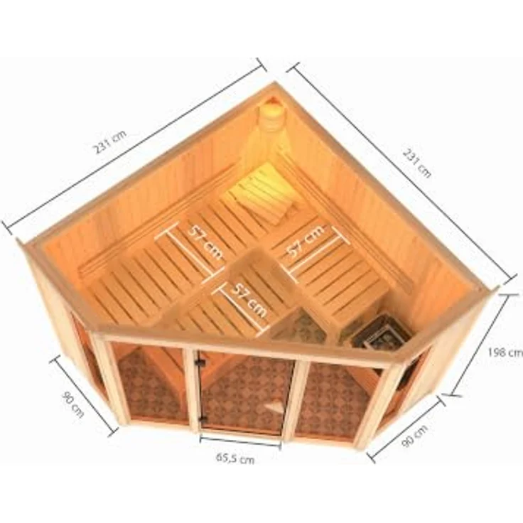 Karibu Innensauna Inara, inklusive Saunaofen 9kW mit integrierter Steuerung, 231x231 cm, 3 Liegen aus hellem Espe, bronzierte Ganzglastür – Bild 3