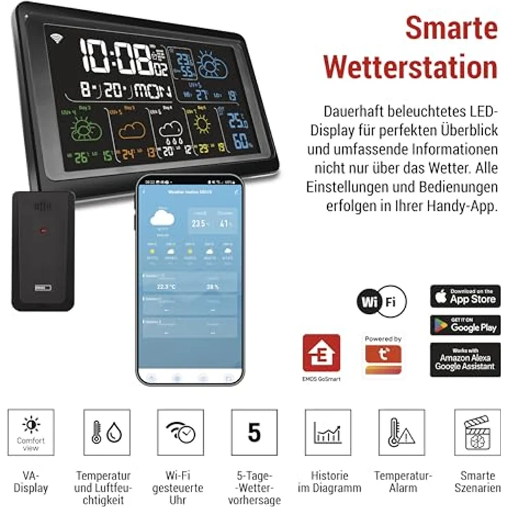 Emos GoSmart Wetterstation E8610, Drahtlose WiFi Wetterstation mit Farbdisplay, LED-Hintergrundbeleuchtung und Sensorunterstützung – Bild 2