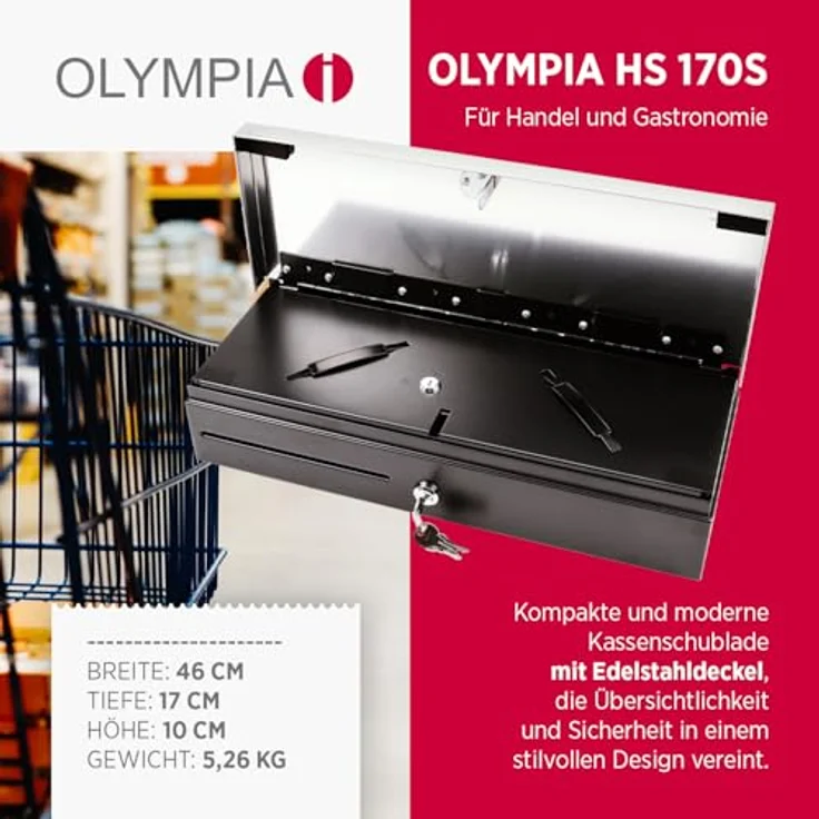 Olympia HS 170S Kassenschublade | Abschließbare Geldkassette mit RJ12-Kompatibilität | 8 Münz- & 6 Scheinfächer | Metallgeldbox für Handel & Gastronomie | 46x17x10 cm – Bild 2