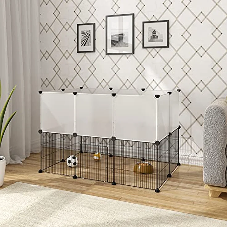 EUGAD Freigehege für Kaninchen, Meerschweinchen Gehege, Welpenauslauf Kleintiergehege inkl. Tür, Freilaufgehege für Hasen, Verformbar und Erhöhbar, Doppelstöckig BHT 107x72x72cm, Weiß 35x35cm/Platte – Bild 3