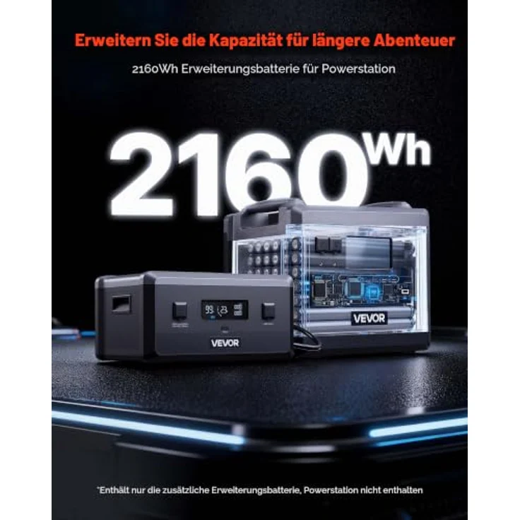 VEVOR Zusatzakku Q2400BP, 2160 Wh LiFePO4-Erweiterungsakku mit 3 Anschlüssen für tragbare Powerstation, Schwarz & Grau, ideal für Zuhause, Camping und Notfälle – Bild 2