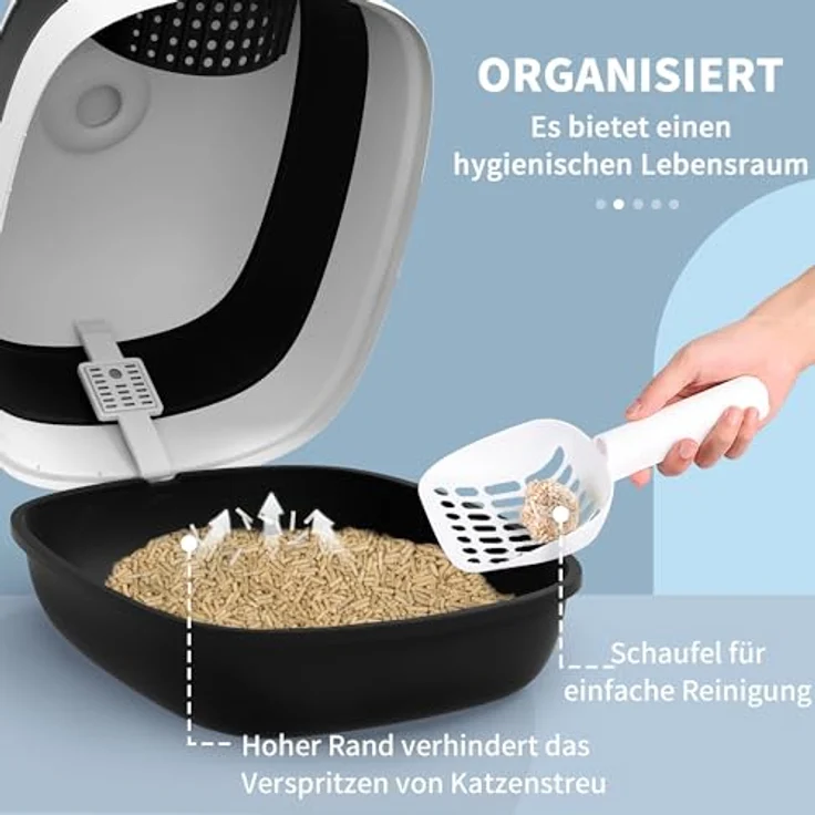 PawHut Katzentoilette mit Deckel, inkl. Deodorant, Bodengitter, Streuschaufel, für Katzen bis 5 kg, Weiß+Schwarz, 52 x 41 x 38 cm – Bild 4