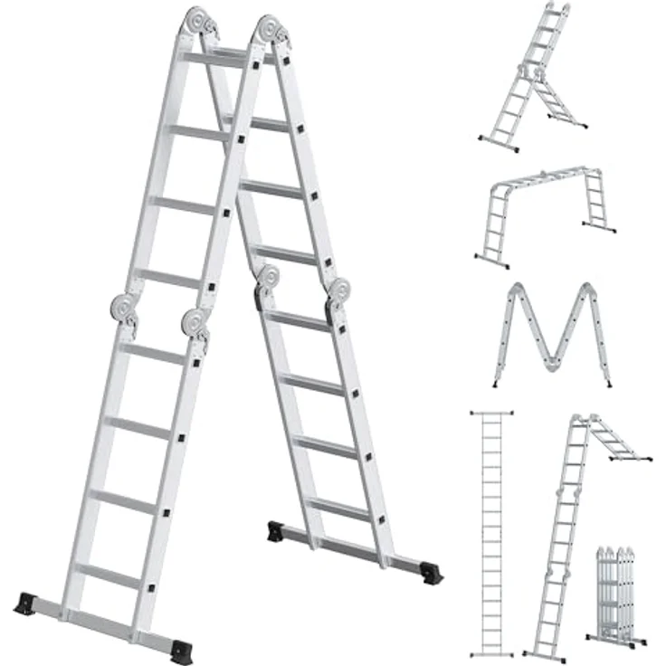 SONGMICS Leiter, Mehrzweckleiter, Aluleiter, 6 Positionen, bis 150 kg, 430 cm lang, silbern – Bild 1