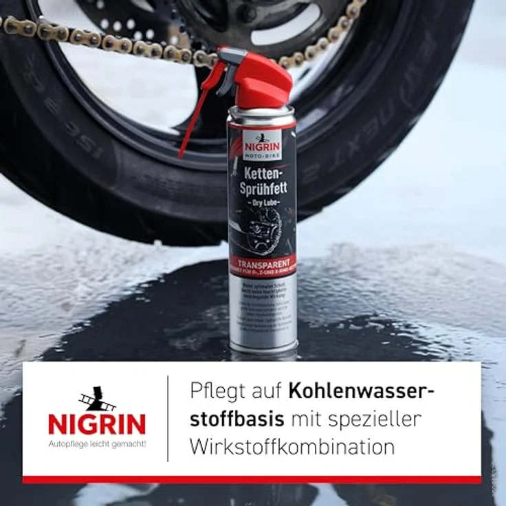 Nigrin Ketten-Sprühfett 'Moto-Bike Dry Lube', transparent, 400 ml, hohe Schleuderfestigkeit, geeignet für O-, Z- und X-Ring-Ketten – Bild 3