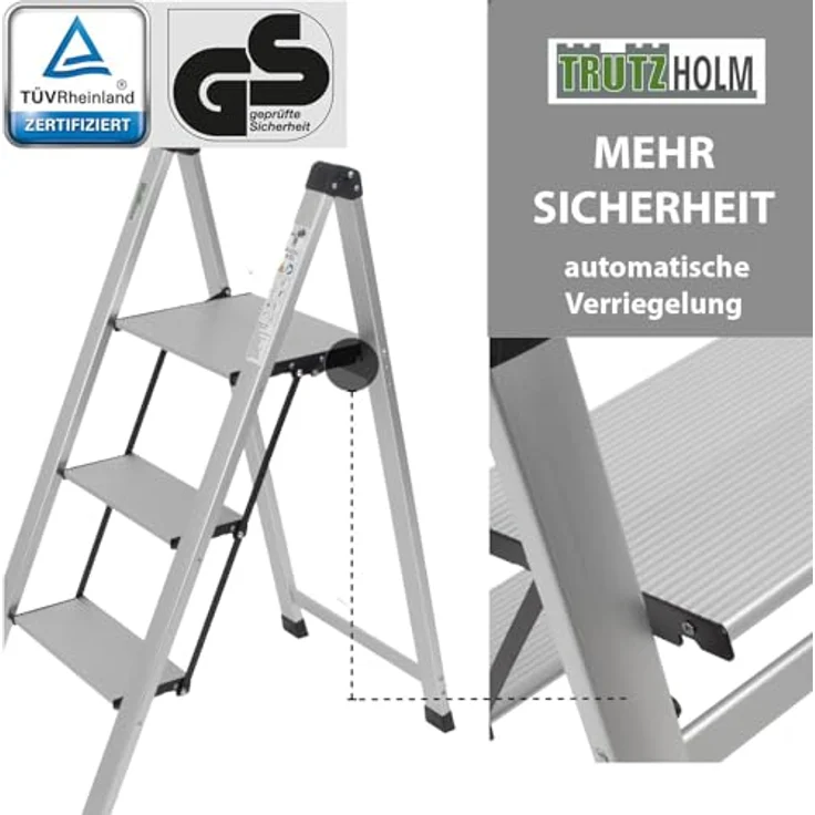 TRUTZHOLM Alu Trittleiter 2-stufig, klappbar, bis 150 kg Traglast, Aluminium Silber, Anti-Rutsch Trittflächen, TÜV/GS geprüft, leicht und platzsparend (5 cm schmal) – Bild 5