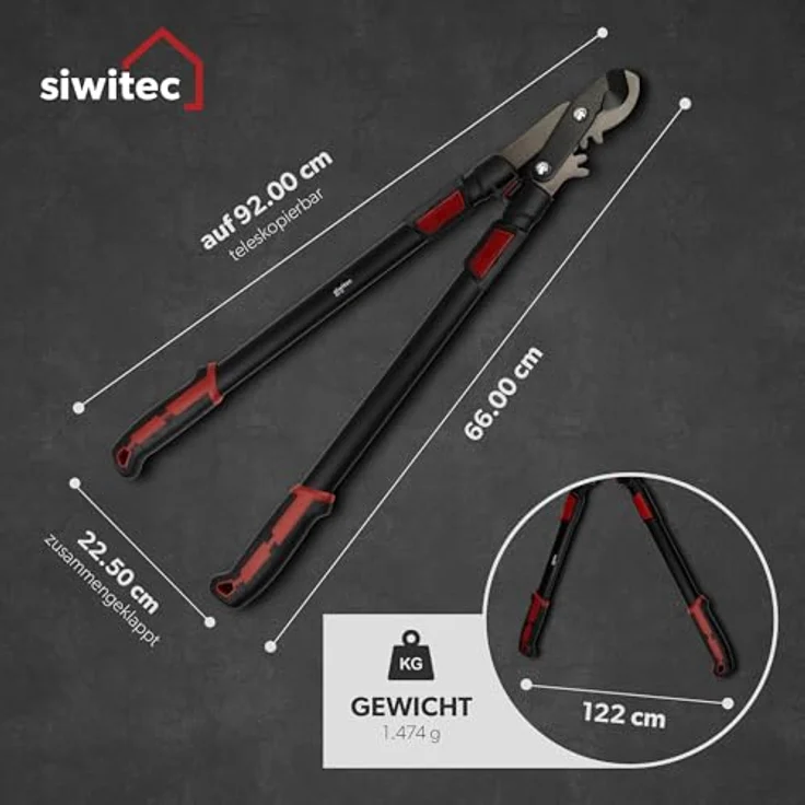siwitec Teleskop Bypass Getriebeastschere SG-21, Astschere für frisches Holz bis Ø 40mm, Kohlenstoffstahl Klinge, Länge 66-92 cm, Schwarz-Rot – Bild 3