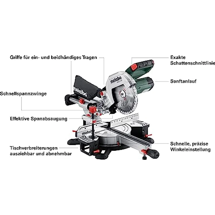 Metabo KGS 216 M Kappsäge (Karton mit Zugfunktion, robuste Bauweise, mit ausziehbarer Tischverbreiterung) 613216000 – Bild 5