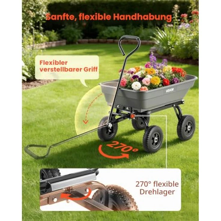 VEVOR Gartenwagen mit Kippfunktion, 181 kg belastbarer Bollerwagen, 270° drehbarer Transportwagen für Gartenarbeiten mit 8 Zoll pannensicheren Kunststoffreifen – Bild 5