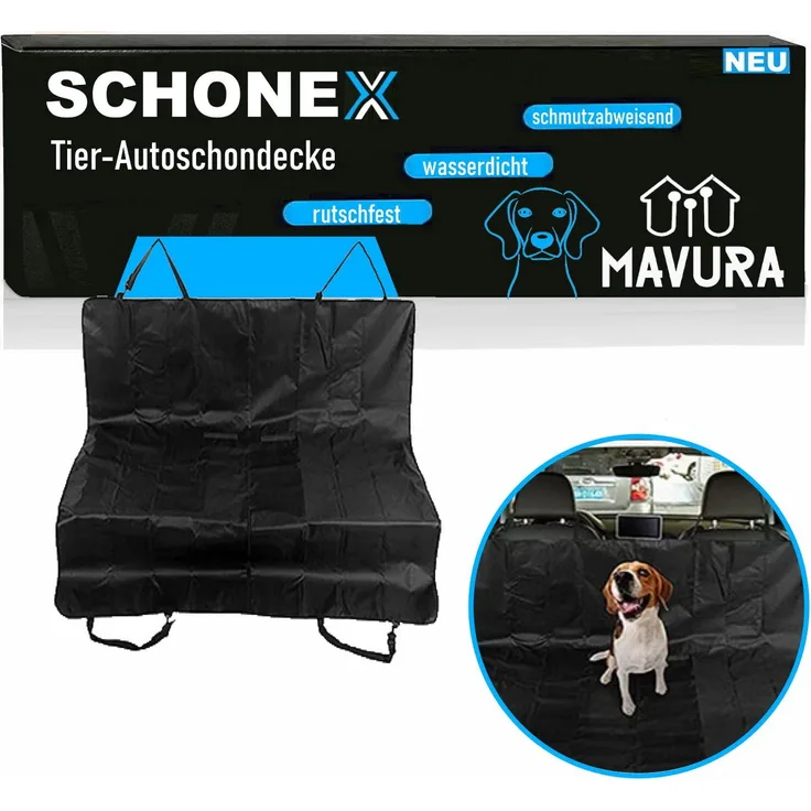 MAVURA SCHONEX Autoschondecke Rücksitz schwarz, wasserdichte Hunde-Decke mit 144x144 cm, Antirutsch-Befestigung und für Kofferraum geeignet