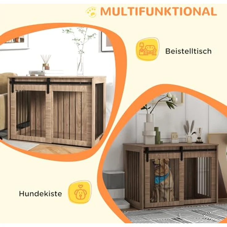 PawHut Hundekäfig Hundebox mit Schiebetür, Hundehütte Indoor mit Holzoptik, Verriegelung, Hundehaus für große Hunde bis 30 kg, Walnuss – Bild 4
