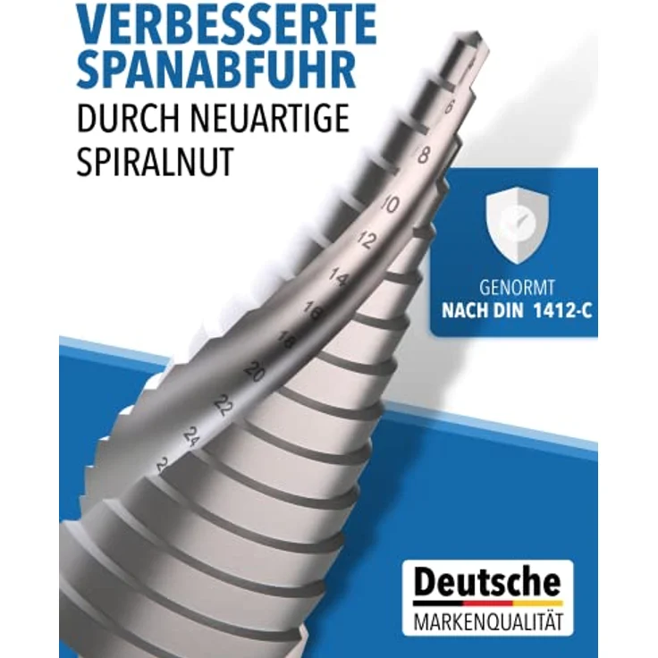 STONE REEF Stufenbohrer Profi aus HSS Stahl - [15 Stufen | Ø 4-32mm] - Kegelbohrer, Schälbohrer, Metall, Lochbohrer, Blechbohrer, Kunststoffbohrer, Lochfräser, Fräsbohrer, Lochschneider - Spiralnut, Triangular-Schaft, extra tiefe 4mm Stufen - in HSS Stahl – Bild 4