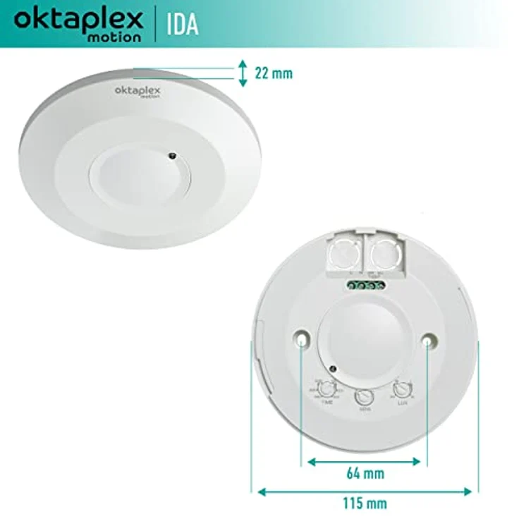 Oktaplex Ida Decken-Bewegungsmelder flach 360° Hochfrequenz-Sensor 2-16m Reichweite 230V Präsenzmelder weiß mit Dämmerungssensor – Bild 4